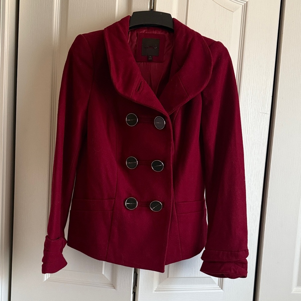 Chic Double-Breasted Red Pea Coat